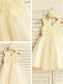 Tea-Length A-line/Princess V-neck Tulle Sleeveless Pearls Flower Girl Dresses