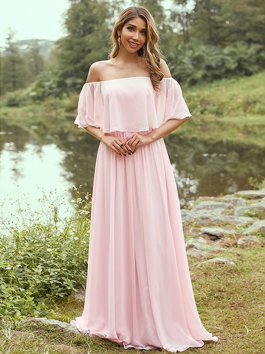 A-Line/Princess Off-the-Shoulder Ruffles Sleeves Short Sweep/Brush Jersey Train Bridesmaid Dresses