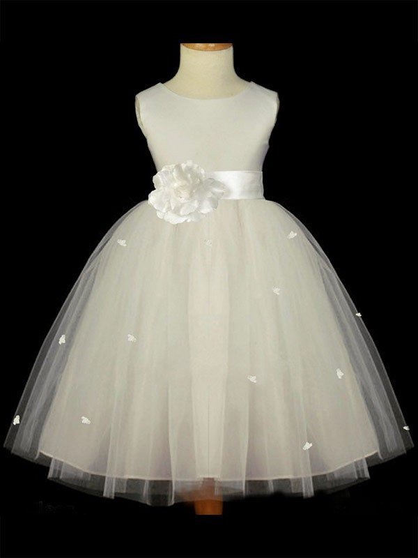 A-line/Princess Hand-made Scoop Flower Sleeveless Long Tulle Flower Girl Dresses