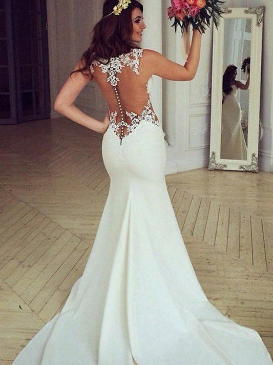 Scoop Sleeveless Sweep/Brush Train Trumpet/Mermaid Applique Lace Wedding Dresses