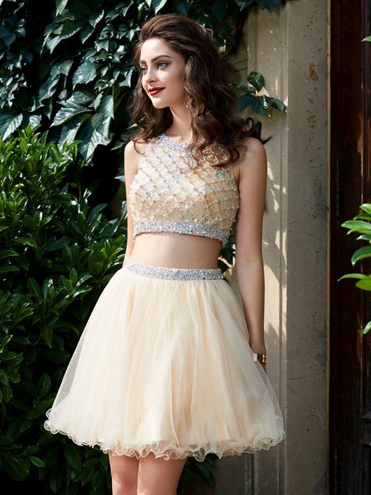 Net Scoop A-Line/Princess Beading Sleeveless Two Short/Mini Piece Homecoming Dresses