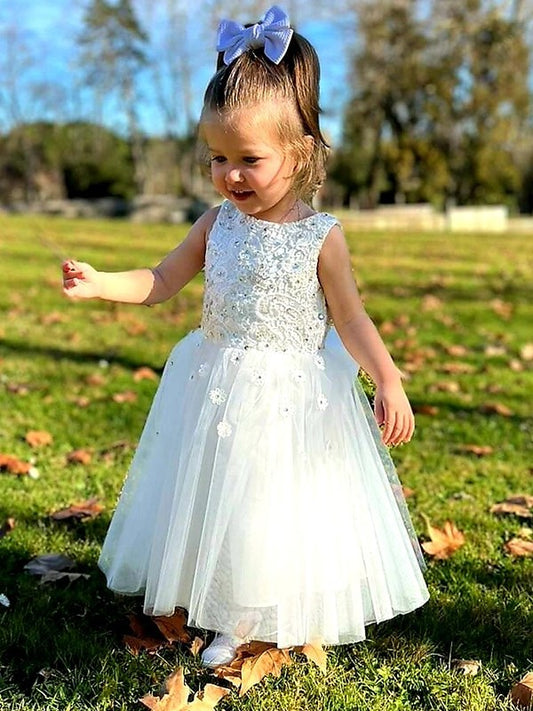 Bowknot Scoop Tulle A-Line/Princess Sleeveless Ankle-Length Flower Girl Dresses