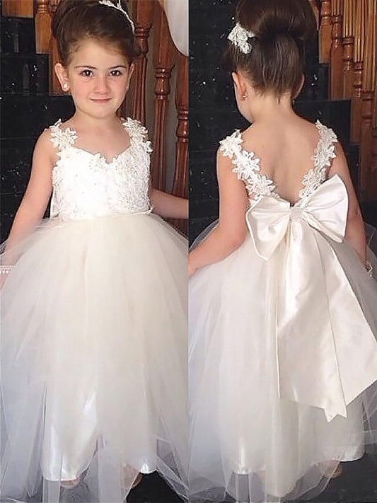 Bowknot Sleeveless Gown Tulle Sweetheart Ball Floor-Length Flower Girl Dresses