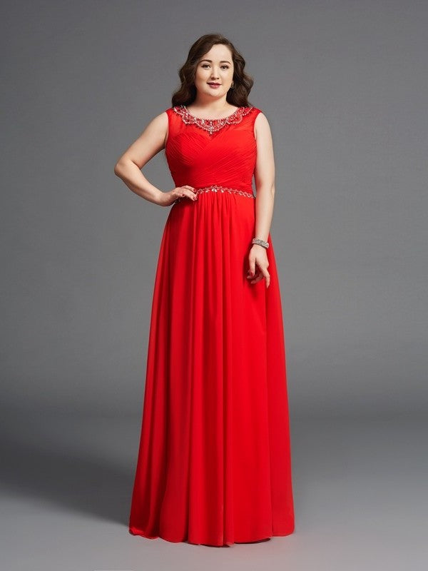 Scoop A-Line/Princess Beading Long Sleeveless Chiffon Plus Size Dresses