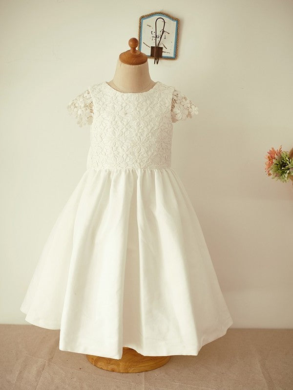 Scoop Lace Bowknot Sleeves Knee-Length A-Line/Princess Short Flower Girl Dresses