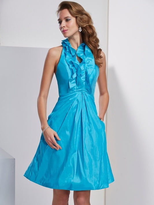 Ruffles Halter Short Sleeveless A-Line/Princess Taffeta Homecoming Dresses