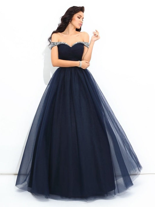 Long Sleeveless Beading Off-the-Shoulder Gown Ball Net Quinceanera Dresses