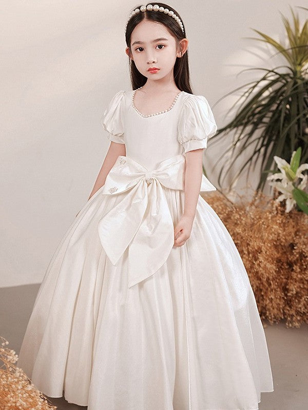 Short Bowknot Sleeves A-Line/Princess Satin Sweetheart Floor-Length Flower Girl Dresses