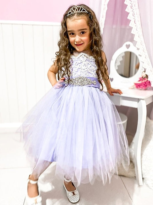 A-Line/Princess Tulle Knee-Length Lace Scoop Sleeveless Flower Girl Dresses