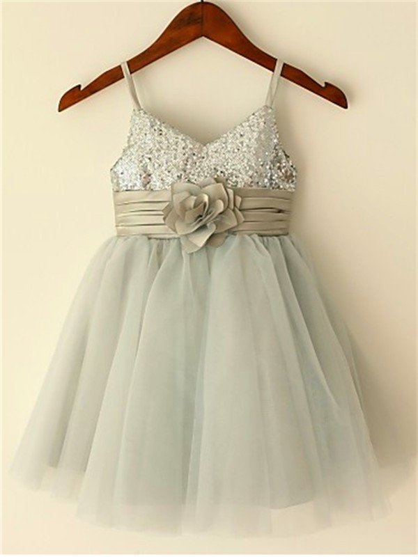 Tulle Sleeveless A-line/Princess Tea-Length Straps Spaghetti Sequin Flower Girl Dresses