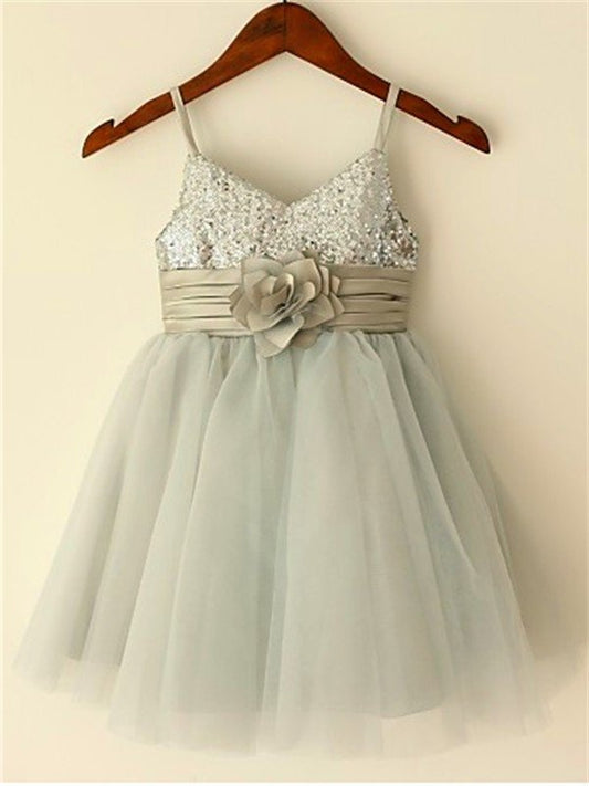 Tulle Sleeveless A-line/Princess Tea-Length Straps Spaghetti Sequin Flower Girl Dresses