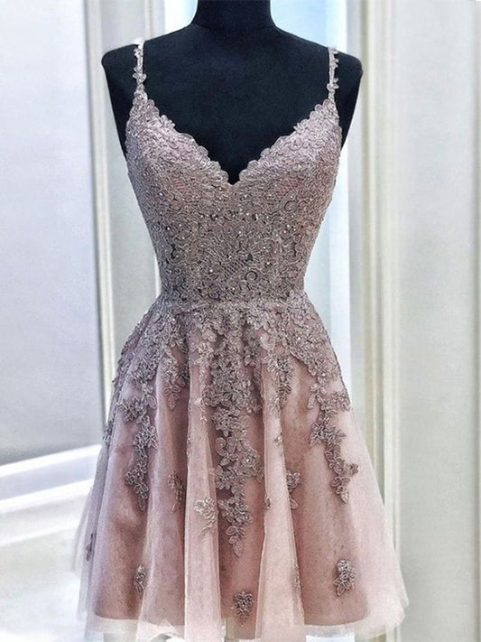 A-Line/Princess Spaghetti Sleeveless Tulle Beading Straps Short/Mini Homecoming Dresses