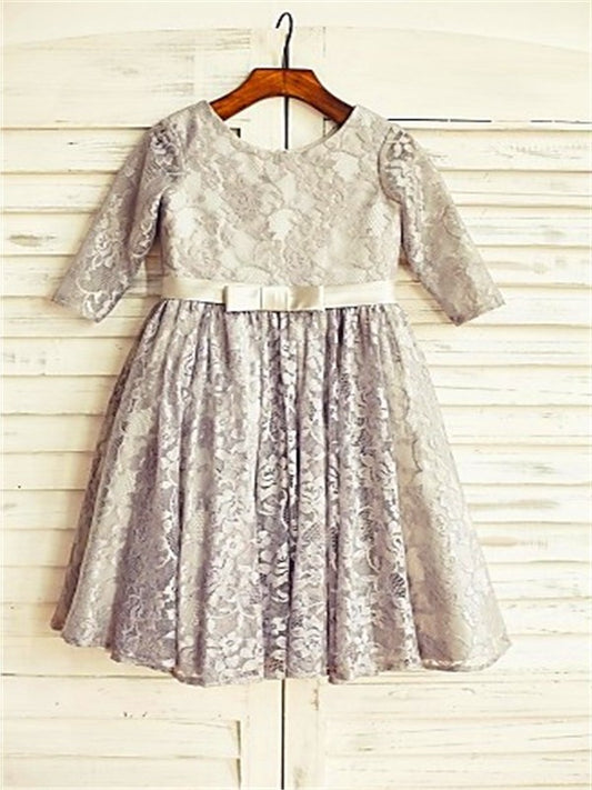 Scoop Lace Sleeves A-line/Princess 3/4 Tea-Length Flower Girl Dresses