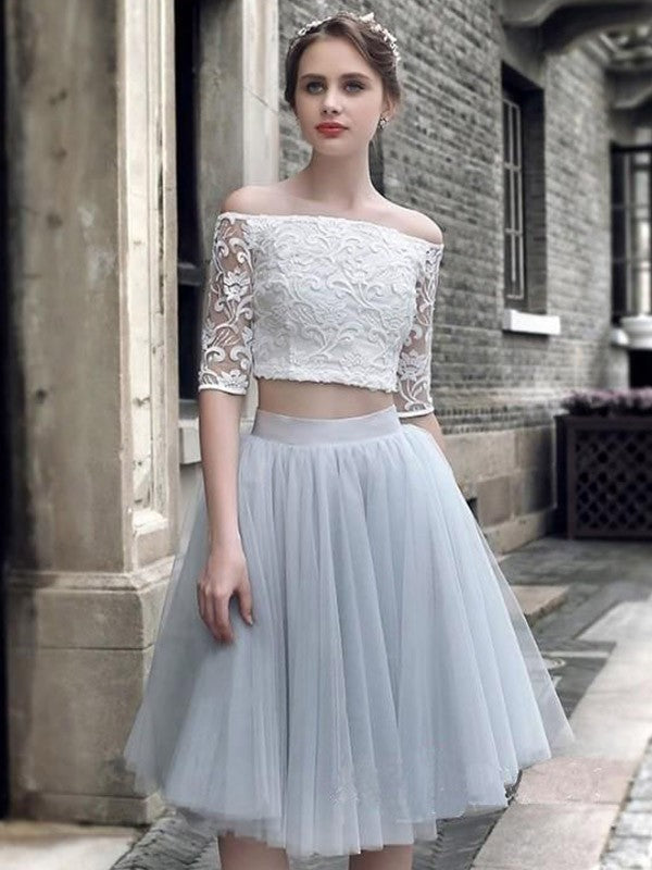 Homecoming Dresses A-Line/Princess Tulle Ruched Off-the-Shoulder 1/2 Aimee Sleeves Knee-Length Two Piece Dresses