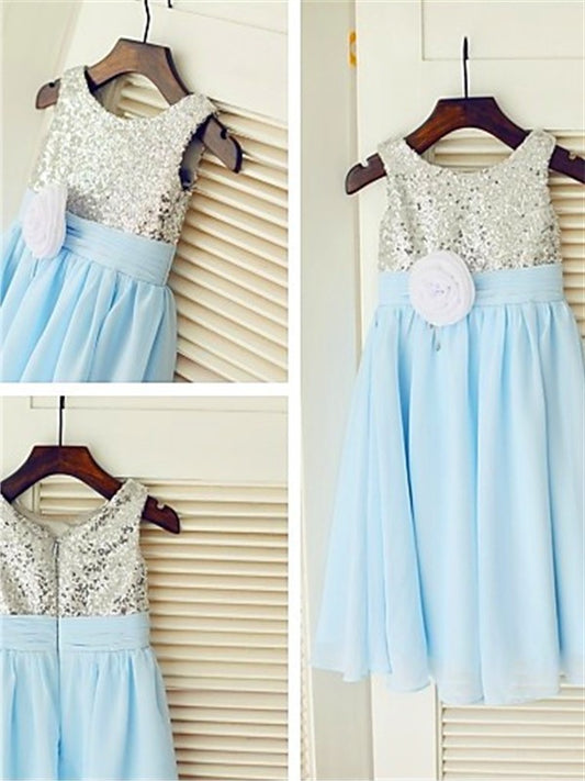 Tea-Length Sleeveless Sequin Chiffon Scoop A-line/Princess Flower Girl Dresses