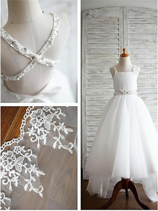 Spaghetti Straps Sleeveless Tulle A-line/Princess Beading Sweep/Brush Train Flower Girl Dresses