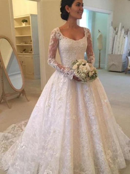 Cathedral Train Ruffles Long Sleeves Scoop Ball Gown Lace Wedding Dresses