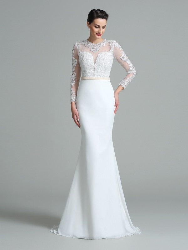 Long Sleeves Lace Trumpet/Mermaid Long Jewel Satin Wedding Dresses