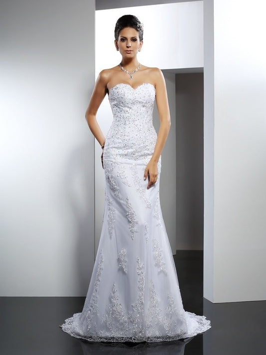 Sleeveless Trumpet/Mermaid Sweetheart Long Lace Satin Wedding Dresses