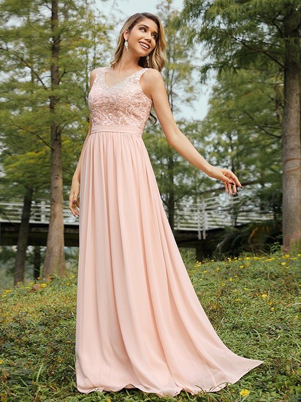 A-Line/Princess Lace V-neck Chiffon Sleeveless Floor-Length Bridesmaid Dresses