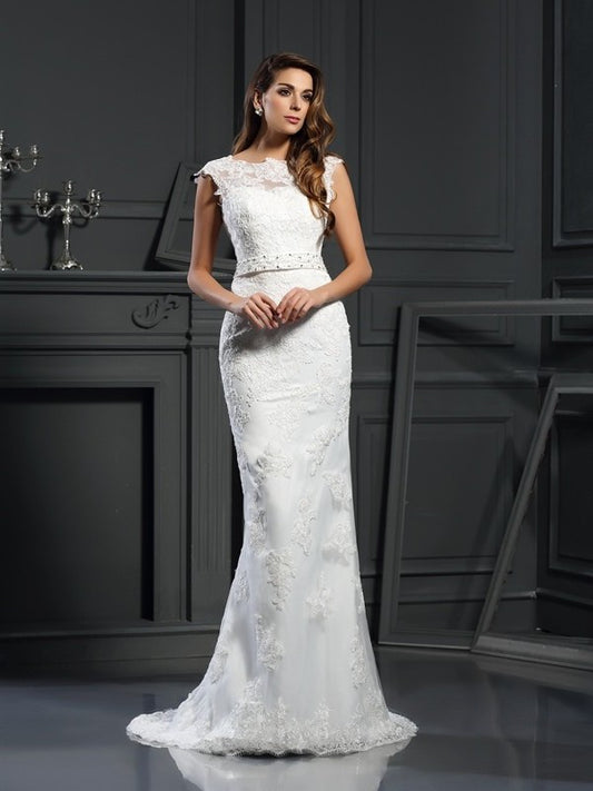 Sleeveless A-Line/Princess Lace Bateau Long Satin Wedding Dresses