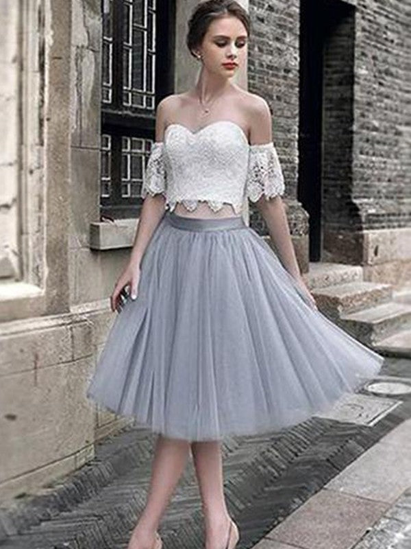 Katherine A-Line/Princess Lace Sweetheart Tulle Sleeveless Homecoming Dresses Tea-Length Two Piece Dresses