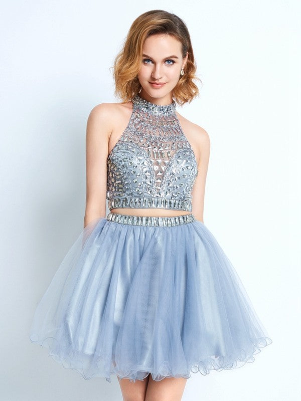 A-Line/Princess Lailah High Neck Sleeveless Homecoming Dresses Beading Short/Mini Net Two Piece Dresses