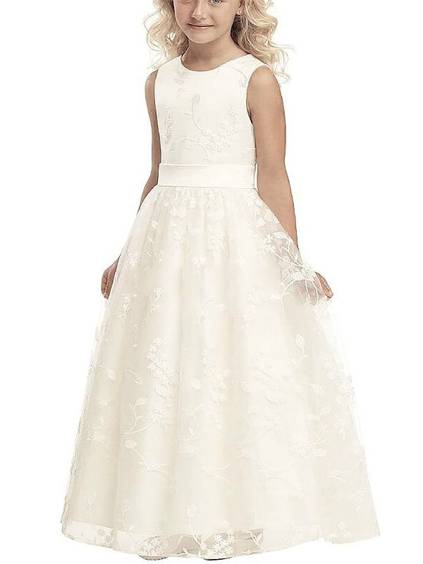 Sleeveless Applique Floor-Length A-line/Princess Tulle Scoop Flower Girl Dresses