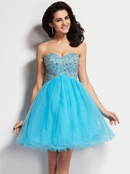 Sweetheart Beading Sleeveless A-Line/Princess Short Tulle Homecoming Dresses