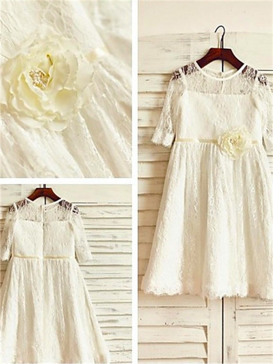 Lace Hand-made 3/4 Scoop Sleeves A-line/Princess Flower Ankle-Length Flower Girl Dresses