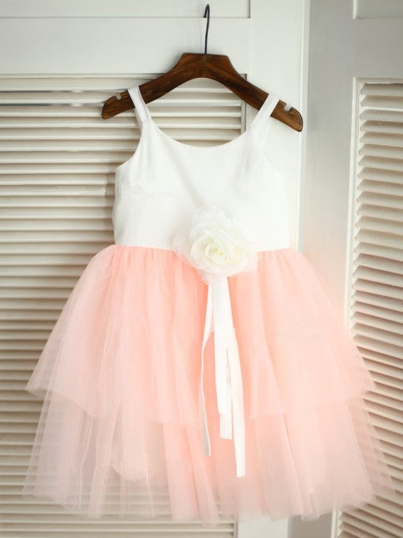 Flower Tulle A-line/Princess Long Spaghetti Sleeveless Hand-made Straps Flower Girl Dresses