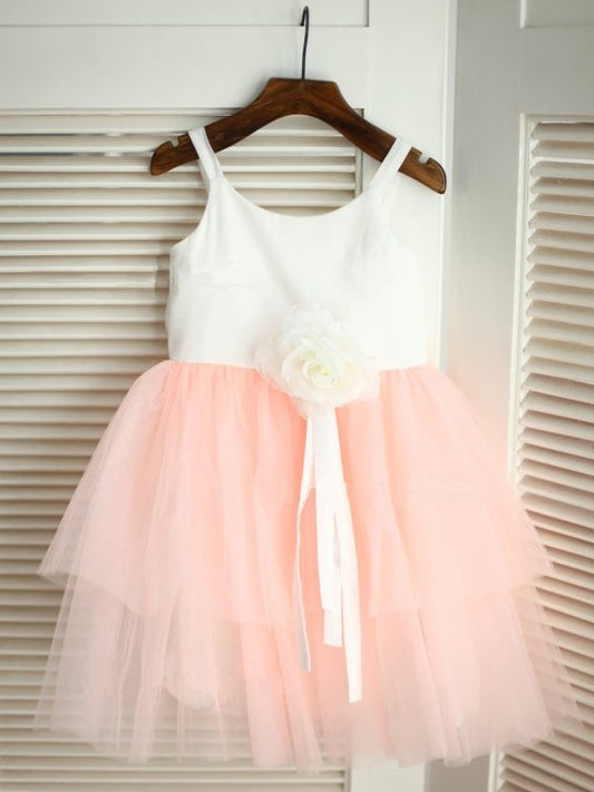 Flower Tulle A-line/Princess Long Spaghetti Sleeveless Hand-made Straps Flower Girl Dresses