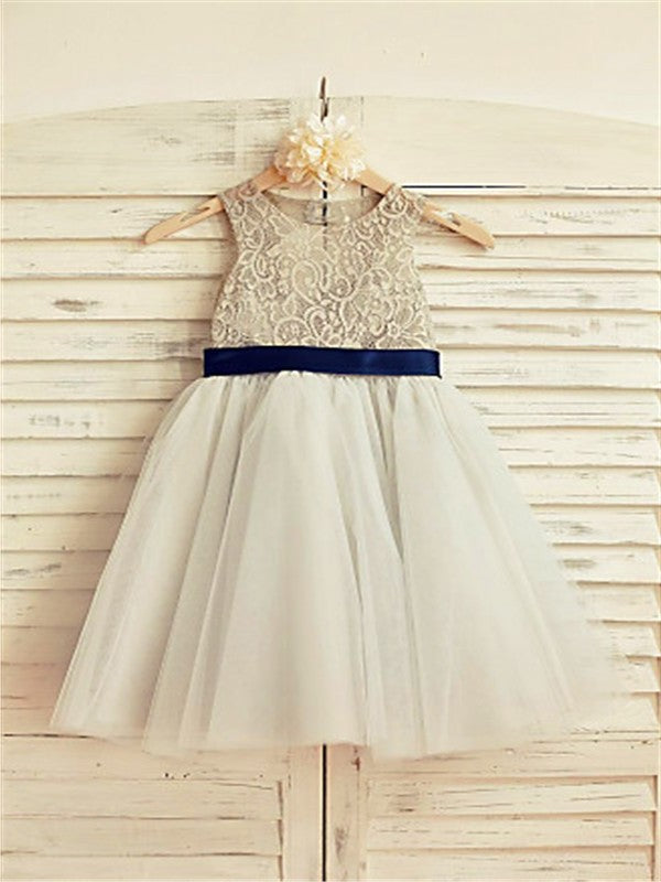 Tulle Lace A-line/Princess Sleeveless Scoop Tea-Length Flower Girl Dresses