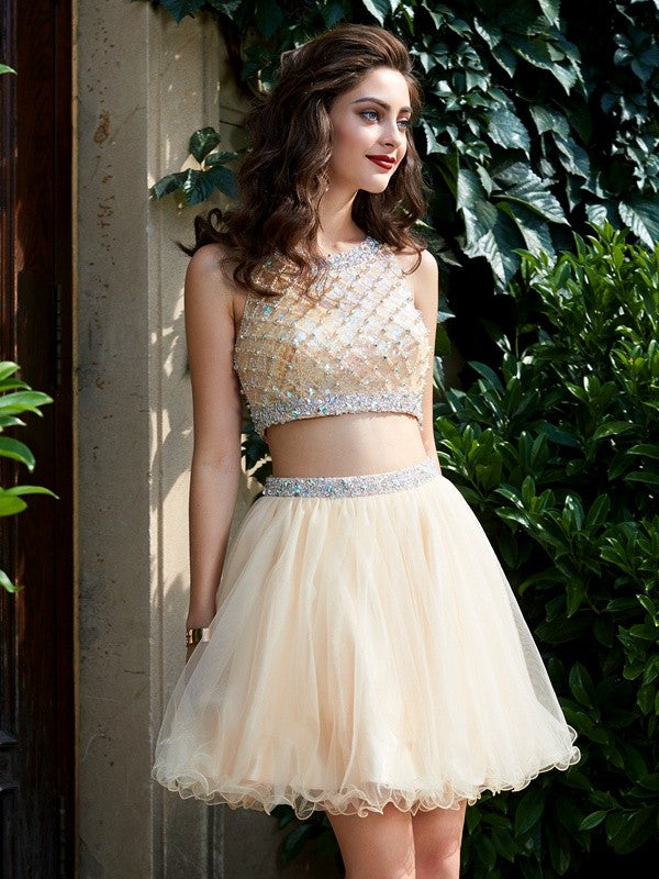 A-Line/Princess Scoop Elise Net Homecoming Dresses Sleeveless Beading Short/Mini Two Piece