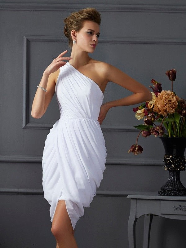 Short Pleats One-Shoulder Sleeveless Sheath/Column Chiffon Homecoming Dresses