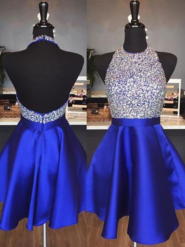 Halter With Short Royal Satin Beading Cut A-Line Blue Homecoming Dresses