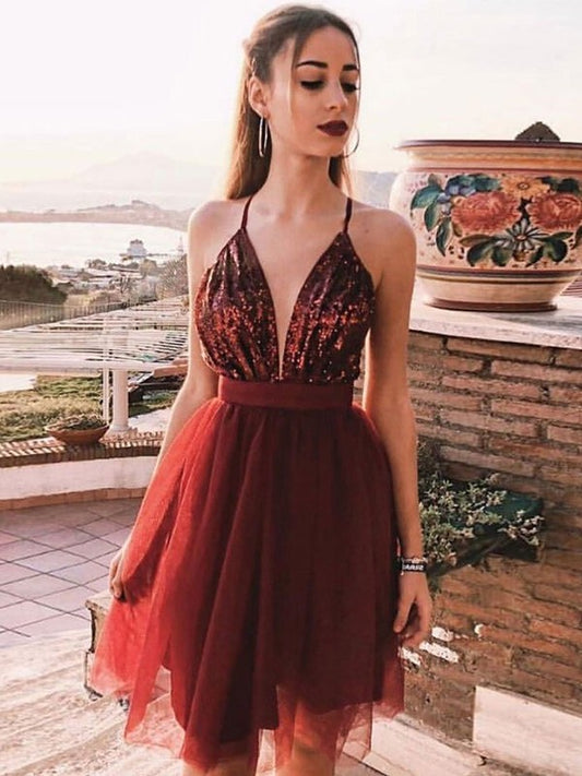 Sequin Straps Sleeveless A-Line/Princess Tulle Spaghetti Short/Mini Homecoming Dresses