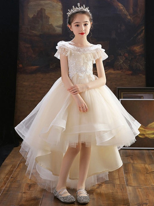 Asymmetrical Short Sleeves Applique A-Line/Princess Off-the-Shoulder Tulle Flower Girl Dresses