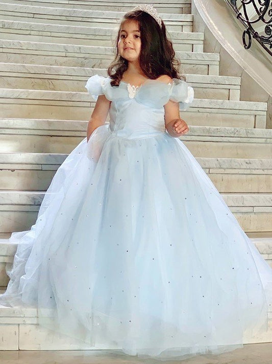 Tulle Ball Rhinestone Off-the-Shoulder Floor-Length Gown Sleeveless Flower Girl Dresses