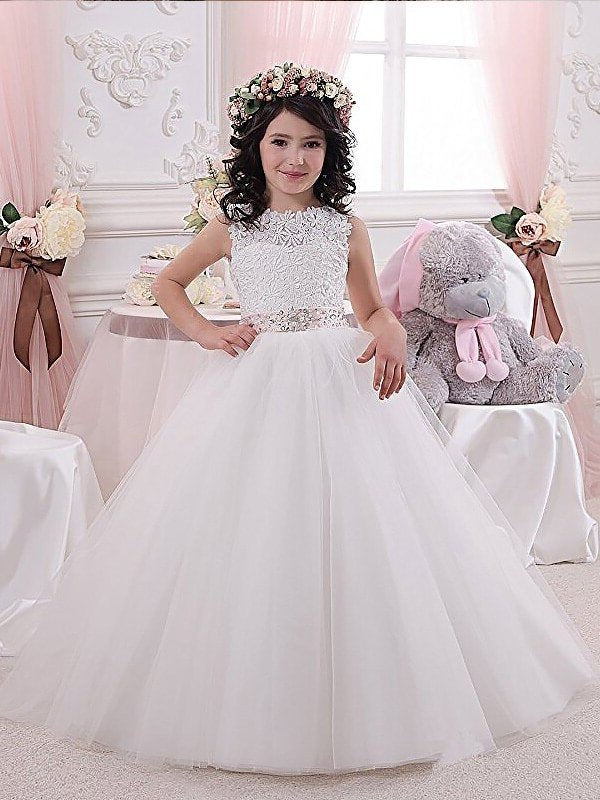 Gown Tulle Scoop Ball Floor-Length Sleeveless Sash/Ribbon/Belt Flower Girl Dresses