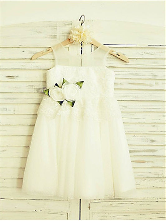 Tulle Tea-Length A-line/Princess Straps Hand-made Flower Sleeveless Flower Girl Dresses