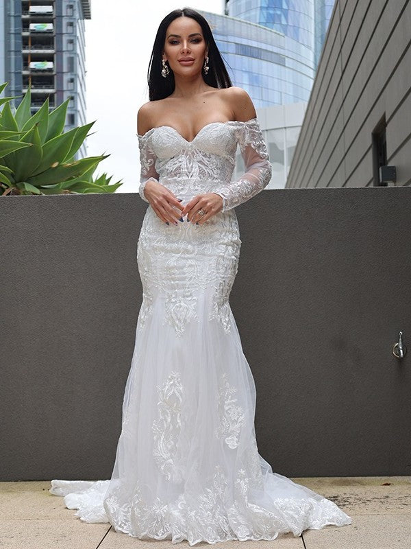 Trumpet/Mermaid Sleeves Long Sweep/Brush Tulle Applique Off-the-Shoulder Train Wedding Dresses