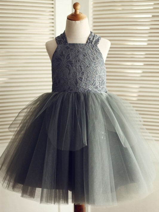 Knee-Length Sleeveless Tulle Straps Lace A-Line/Princess Flower Girl Dresses