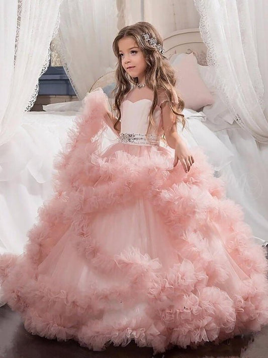 Jewel Sleeves Short Crystal Gown Ball Tulle Floor-Length Flower Girl Dresses