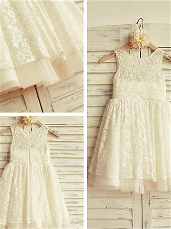 Sleeveless Lace Scoop Ruffles Tea-Length A-line/Princess Flower Girl Dresses