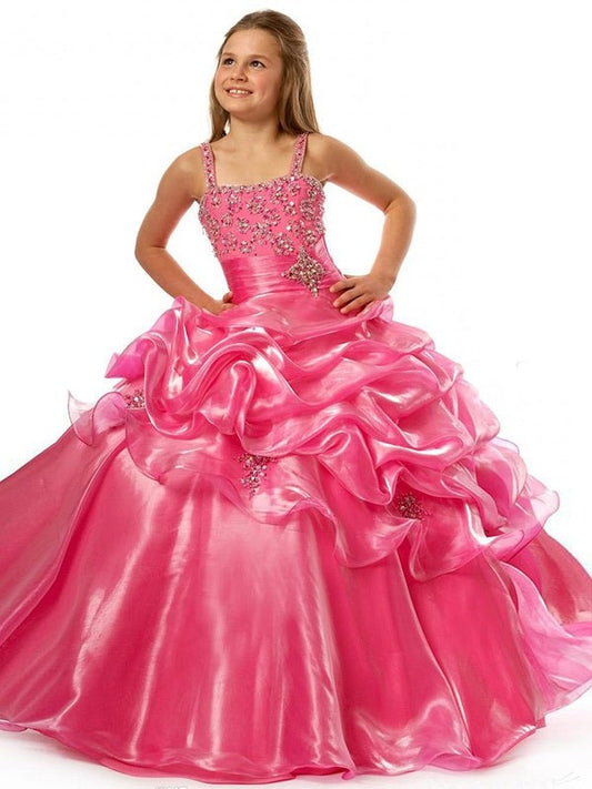 Ball Straps Gown Organza Long Sleeveless Beading Flower Girl Dresses