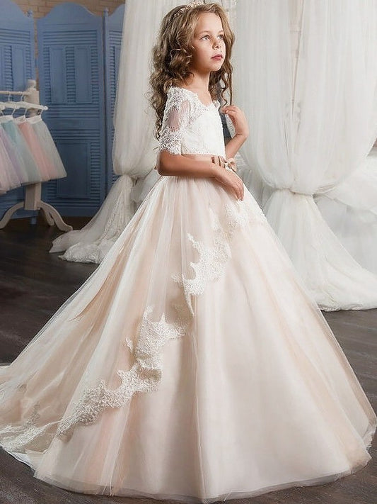 Off-the-Shoulder Sleeves Gown Ball Short Sash/Ribbon/Belt Tulle Flower Girl Dresses