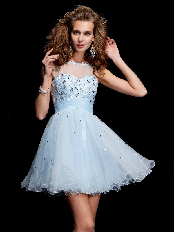 Beading Elastic A-Line/Princess Woven Short Sleeveless Scoop Satin Homecoming Dresses