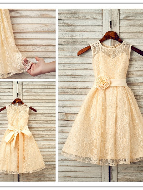 A-Line/Princess Sleeveless Scoop Sash/Ribbon/Belt Tea-Length Lace Flower Girl Dresses