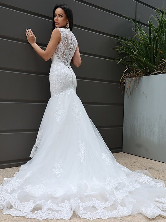 Tulle Trumpet/Mermaid Sleeveless V-neck Sweep/Brush Lace Train Wedding Dresses